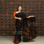 Handcrafted Cotton Batik Saree 2674 - Terracotta Orange and Black Saree - Image 2
