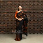 Handcrafted Cotton Batik Saree 2674 - Terracotta Orange and Black Saree - Image 4