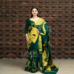 Handcrafted Cotton Batik Saree 2675 - Forest Green and Bright Yellow Saree
