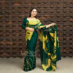 Handcrafted Cotton Batik Saree 2675 - Forest Green and Bright Yellow Saree - Image 2