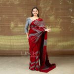 Handcrafted Cotton Batik Saree 2676 - Deep Red and Cool Grey Saree