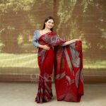 Handcrafted Cotton Batik Saree 2676 - Deep Red and Cool Grey Saree - Image 2
