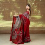 Handcrafted Cotton Batik Saree 2676 - Deep Red and Cool Grey Saree - Image 3