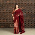 Handcrafted Cotton Batik Saree 2677 - Maroon and Warm Beige Saree