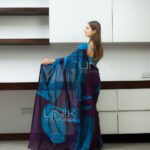 Handcrafted Cotton Batik Saree 2678 - Deep Purple and Cyan Blue Saree - Image 3