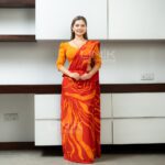Handcrafted Cotton Batik Saree 2682 - Crimson Red and Marigold Yellow Saree