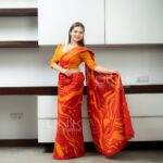 Handcrafted Cotton Batik Saree 2682 - Crimson Red and Marigold Yellow Saree - Image 2
