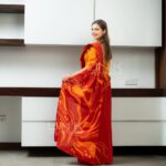 Handcrafted Cotton Batik Saree 2682 - Crimson Red and Marigold Yellow Saree - Image 3