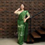 Handcrafted Cotton Batik Saree 2691 - Forest Green and Cream saree