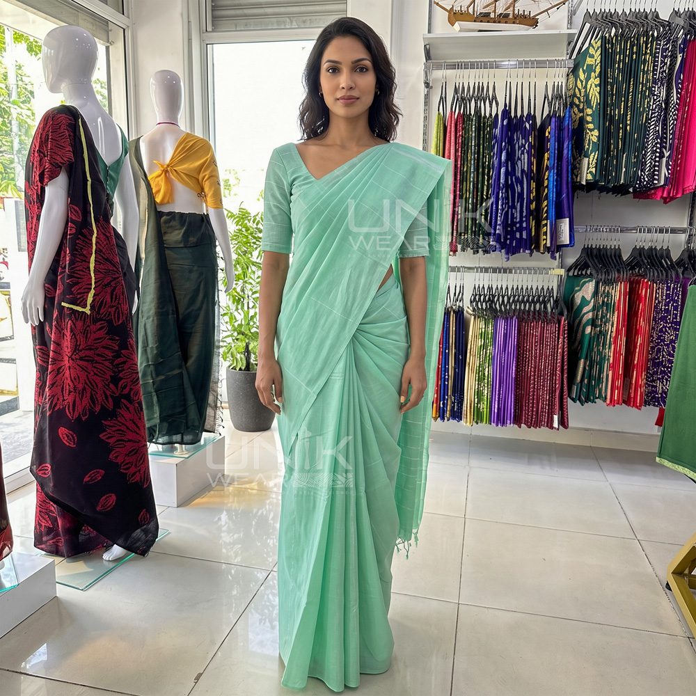 H0001 1 Mint Green Handloom Cotton Saree - H0001 - Image 1
