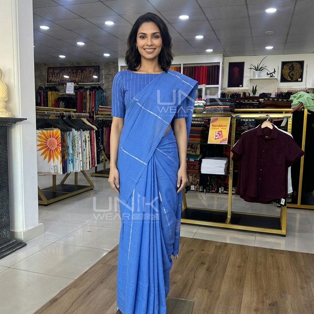 H0007 1 Sky Blue Handloom Cotton Saree - H0007 - Image 1