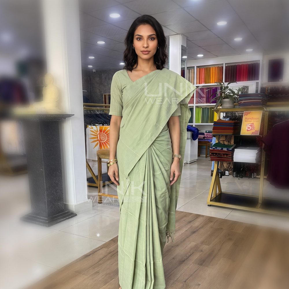 H0009 1 Pastal Olive Green Handloom Cotton Saree - H0009 - Image 1