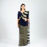 Handcrafted Cotton Batik Saree 26100 - Navy Blue and Cream/Beige Saree