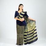 Handcrafted Cotton Batik Saree 26100 - Navy Blue and Cream/Beige Saree - Image 2