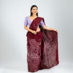 Handcrafted Cotton Batik Saree 26102 - Maroon and Lavender Saree - Image 2