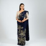 Handcrafted Cotton Batik Saree 26103 - Navy Blue and Cream Saree
