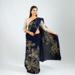 Handcrafted Cotton Batik Saree 26103 - Navy Blue and Cream Saree - Image 2