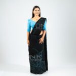 Handcrafted Cotton Batik Saree 26105 - Black and Bright Sky Blue Saree - Image 2