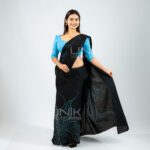 Handcrafted Cotton Batik Saree 26105 - Black and Bright Sky Blue Saree
