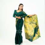 Handcrafted Cotton Batik Saree 2692 - Dark Green and Bright Yellow Saree - Image 2