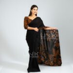 Handcrafted Cotton Batik Saree 2694 - Black and Copper Brown Saree - Image 4
