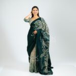 Handcrafted Cotton Batik Saree 2695 - Dark Green and Beige Saree