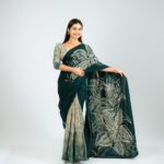 Handcrafted Cotton Batik Saree 2695 - Dark Green and Beige Saree - Image 2
