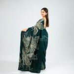 Handcrafted Cotton Batik Saree 2695 - Dark Green and Beige Saree - Image 3