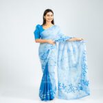 Handcrafted Cotton Batik Saree 2698 - Sky Blue and Off White Saree - Image 2