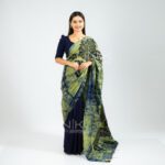 Handcrafted Cotton Batik Saree 2699 - Olive Green and Navy Blue Saree