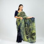 Handcrafted Cotton Batik Saree 2699 - Olive Green and Navy Blue Saree - Image 2