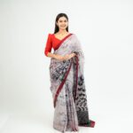 Handcrafted Cotton Batik Saree E0226 - Off-White with Black and Red Accents Saree - Image 2