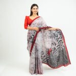 Handcrafted Cotton Batik Saree E0226 - Off-White with Black and Red Accents Saree - Image 3
