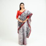 Handcrafted Cotton Batik Saree E0226 - Off-White with Black and Red Accents Saree