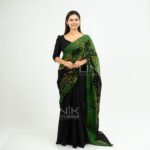 Handcrafted Cotton Batik Saree E0326 - Deep Forest Green and Black with Yellowish Green Highlights Saree - Image 2