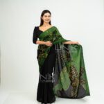 Handcrafted Cotton Batik Saree E0326 - Deep Forest Green and Black with Yellowish Green Highlights Saree - Image 3