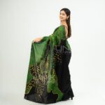 Handcrafted Cotton Batik Saree E0326 - Deep Forest Green and Black with Yellowish Green Highlights Saree - Image 4