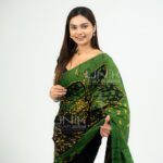 Handcrafted Cotton Batik Saree E0326 - Deep Forest Green and Black with Yellowish Green Highlights Saree