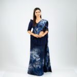 Handcrafted Cotton Batik Saree E0426 - Navy Blue, Light Blue & White Saree