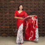 Handcrafted Cotton Batik Saree L0001 - Red, Black and White Saree (Limited) - Image 2