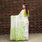 Handcrafted Cotton Batik Saree L0002 - Light Green & White Saree (Limited) - Image 3