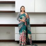 Handcrafted Cotton Batik Saree L0011 - Green and Dark Red Saree (Limited)