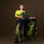 Handcrafted Cotton Batik Saree 26106 - Navy Blue and Lime Green Saree