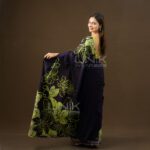 Handcrafted Cotton Batik Saree 26106 - Navy Blue and Lime Green Saree - Image 3