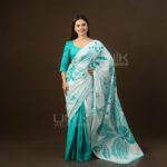 Handcrafted Cotton Batik Saree 26107 - Off-White & Turquoise Saree