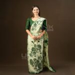 Handcrafted Cotton Batik Saree 26110 - Cream and Dark Green Saree (Orchid Collection)