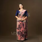 Handcrafted Cotton Batik Saree 26111 - Peach and Navy Blue Saree (Orchid Collection)