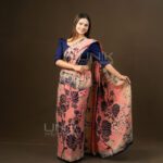 Handcrafted Cotton Batik Saree 26111 - Peach and Navy Blue Saree (Orchid Collection) - Image 2