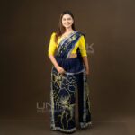 Handcrafted Cotton Batik Saree 26112 - Navy Blue and Mustard Yellow Saree (Orchid Collection)