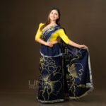 Handcrafted Cotton Batik Saree 26112 - Navy Blue and Mustard Yellow Saree (Orchid Collection) - Image 2